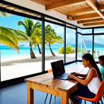 **

A vibrant co-working space in Mauritius. Young entrepreneurs are collaborating on laptops, with modern technology visible around them. In the background, a glimpse of the turquoise ocean and white sandy beaches, subtly illustrating the island's beauty. The overall atmosphere should convey energy, innovation, and the fusion of tech with the island paradise.

**