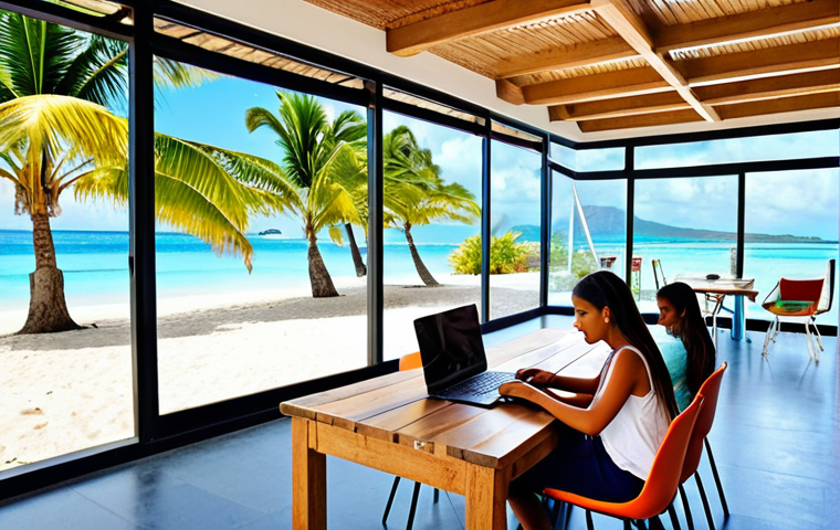 **

A vibrant co-working space in Mauritius. Young entrepreneurs are collaborating on laptops, with modern technology visible around them. In the background, a glimpse of the turquoise ocean and white sandy beaches, subtly illustrating the island's beauty. The overall atmosphere should convey energy, innovation, and the fusion of tech with the island paradise.

**