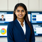 A young Mauritian professional, either male or female, in their mid-20s, dressed in a modest and smart business casual outfit, standing confidently in a brightly lit, modern training center. The background features blurred digital displays and hints of collaboration, suggesting skill development and innovation. The subject is looking forward with a determined and hopeful expression. Professional photography style, natural lighting, high resolution, perfect anatomy, correct proportions, well-formed hands, proper finger count, natural body proportions, safe for work, appropriate content, fully clothed, professional, family-friendly.