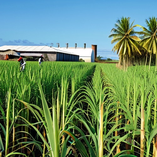 Sugar Cane Field**

A vast sugar cane field in Mauritius, with workers harvesting cane, fully clothed in modest work attire. The background shows a sugar factory under a clear sky. Safe for work, appropriate content, professional photography, perfect anatomy, natural proportions, family-friendly.

**