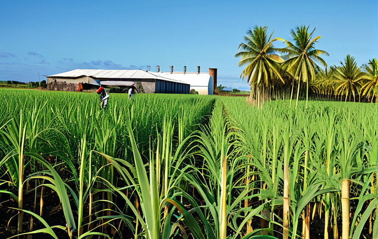 Sugar Cane Field**

A vast sugar cane field in Mauritius, with workers harvesting cane, fully clothed in modest work attire. The background shows a sugar factory under a clear sky. Safe for work, appropriate content, professional photography, perfect anatomy, natural proportions, family-friendly.

**