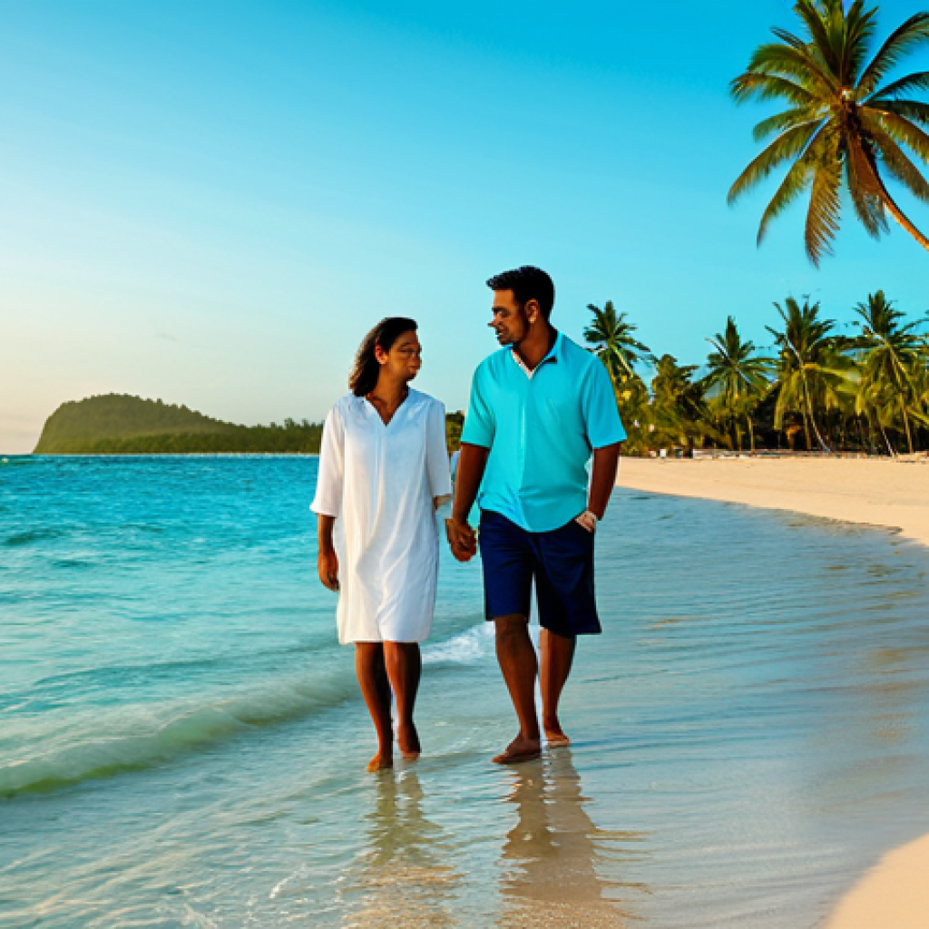 Tranquil Beach Scene**

"A serene Mauritian beach at sunset, calm turquoise water, white sand, palm trees swaying gently, fully clothed family enjoying the view, modest attire, safe for work, professional photography, natural colors, high resolution, appropriate content."

**