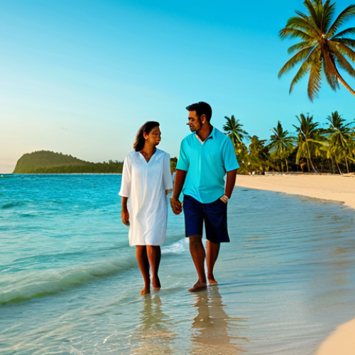 Tranquil Beach Scene**

"A serene Mauritian beach at sunset, calm turquoise water, white sand, palm trees swaying gently, fully clothed family enjoying the view, modest attire, safe for work, professional photography, natural colors, high resolution, appropriate content."

**