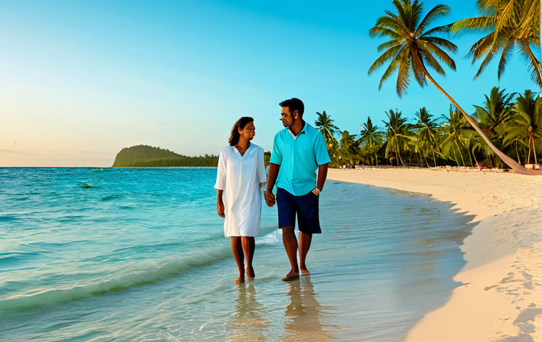 Tranquil Beach Scene**

"A serene Mauritian beach at sunset, calm turquoise water, white sand, palm trees swaying gently, fully clothed family enjoying the view, modest attire, safe for work, professional photography, natural colors, high resolution, appropriate content."

**
