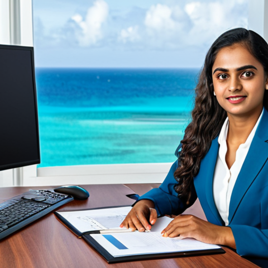 **

A professional Mauritian woman in a modest business suit, seated at a desk in a modern office with a view of the Indian Ocean. Fully clothed, appropriate attire, safe for work. Perfect anatomy, natural proportions, professional photography, high quality, family-friendly.

**