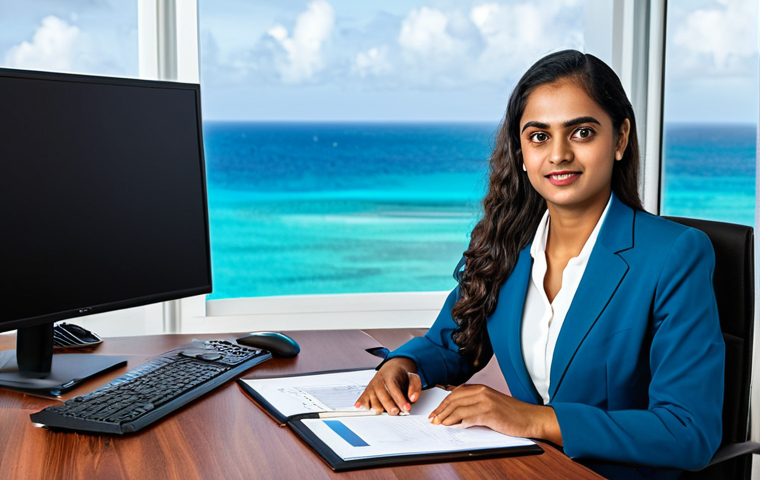 **

A professional Mauritian woman in a modest business suit, seated at a desk in a modern office with a view of the Indian Ocean. Fully clothed, appropriate attire, safe for work. Perfect anatomy, natural proportions, professional photography, high quality, family-friendly.

**