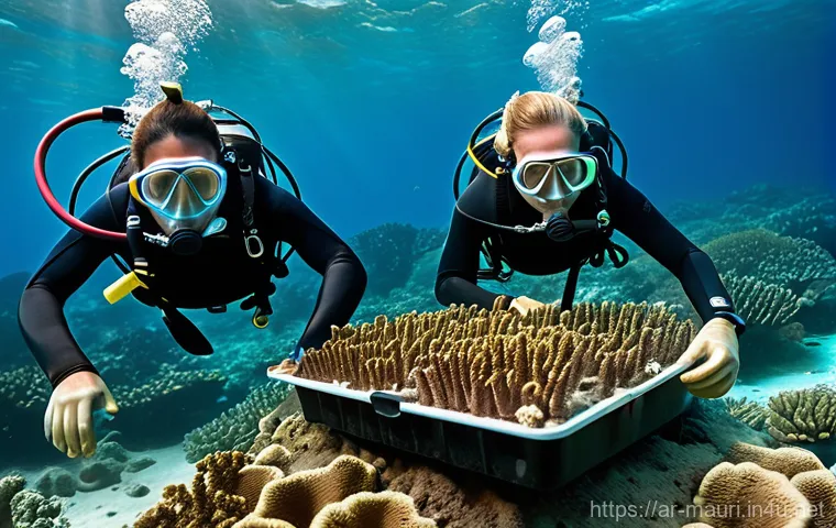 모리셔스 산호초 보호 - **Prompt:** A poignant and impactful image depicting the dual nature of Mauritius's coral reefs – ar...