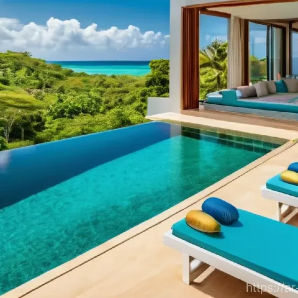 모리셔스 올인클루시브 리조트 - **Luxurious Private Villa Retreat for an Arab Family**
    A high-angle, wide shot of an expansive, ...