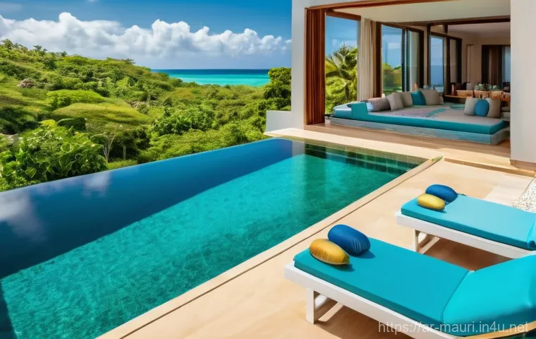 모리셔스 올인클루시브 리조트 - **Luxurious Private Villa Retreat for an Arab Family**
    A high-angle, wide shot of an expansive, ...