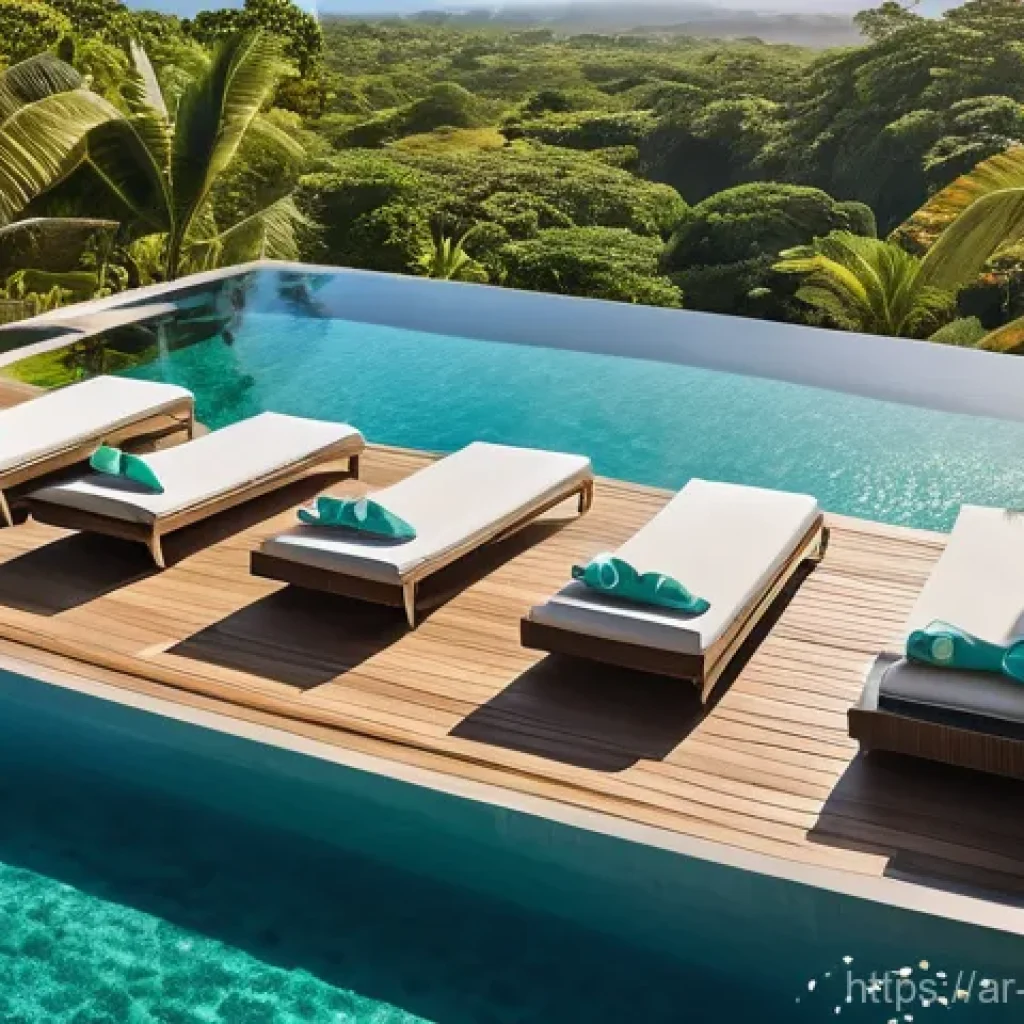 모리셔스 럭셔리 호텔 - **Prompt:** A breathtaking, high-angle drone shot capturing a luxurious private villa seamlessly int...