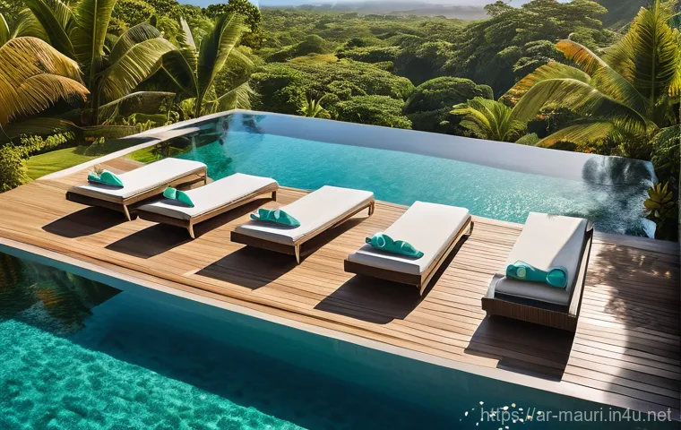 모리셔스 럭셔리 호텔 - **Prompt:** A breathtaking, high-angle drone shot capturing a luxurious private villa seamlessly int...