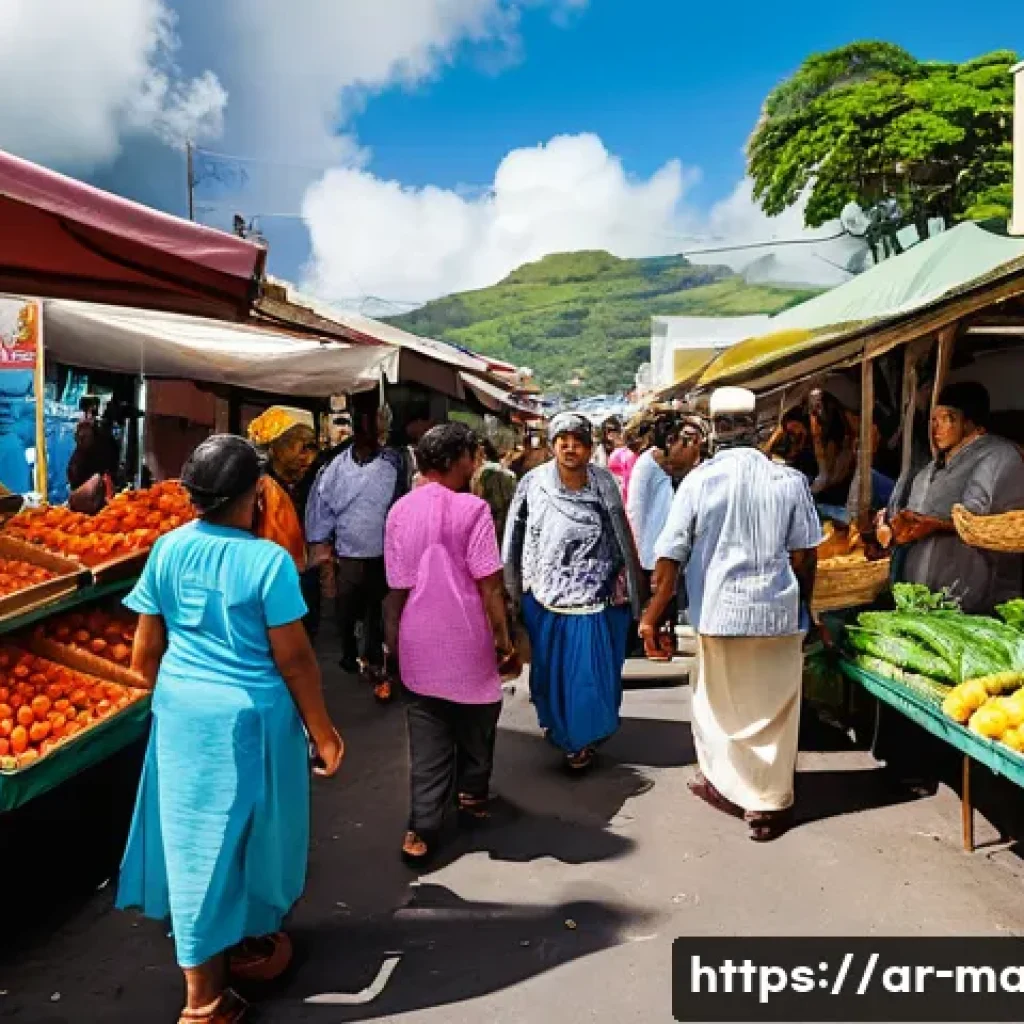 모리셔스 크리올어 보급률 - A vibrant, bustling open-air market scene in Port Louis, Mauritius. Sunlight streams down on diverse...