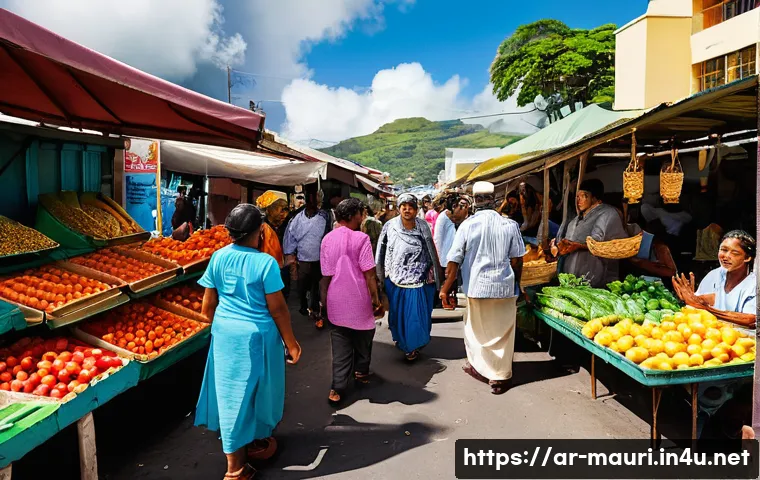 모리셔스 크리올어 보급률 - A vibrant, bustling open-air market scene in Port Louis, Mauritius. Sunlight streams down on diverse...