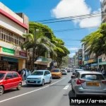 모리셔스 운전 시 주의점 - A busy urban street scene in Port Louis, Mauritius, showing a diverse mix of cars driving on the lef...