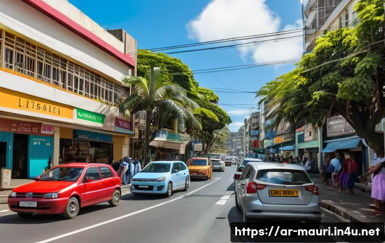 모리셔스 운전 시 주의점 - A busy urban street scene in Port Louis, Mauritius, showing a diverse mix of cars driving on the lef...