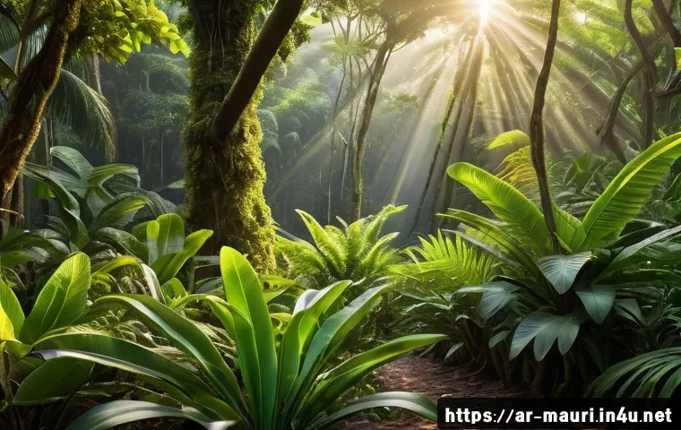 모리셔스 야생동물 보호구역 - A lush, vibrant forest scene from Mauritius showcasing giant tropical trees with dense green foliage...