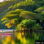 Home 19 모리셔스 피터 보스 호수 - A serene lakeside scene during sunset in a lush forested area typical of Mauritius, featuring crysta...