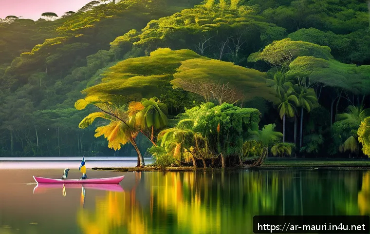모리셔스 피터 보스 호수 - A serene lakeside scene during sunset in a lush forested area typical of Mauritius, featuring crysta...