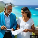 Home 23 모리셔스 장기 거주 조건 - A vibrant and detailed scene of a middle-aged Arab couple exploring Mauritius for long-term residenc...