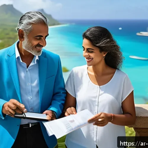 Home 17 모리셔스 장기 거주 조건 - A vibrant and detailed scene of a middle-aged Arab couple exploring Mauritius for long-term residenc...