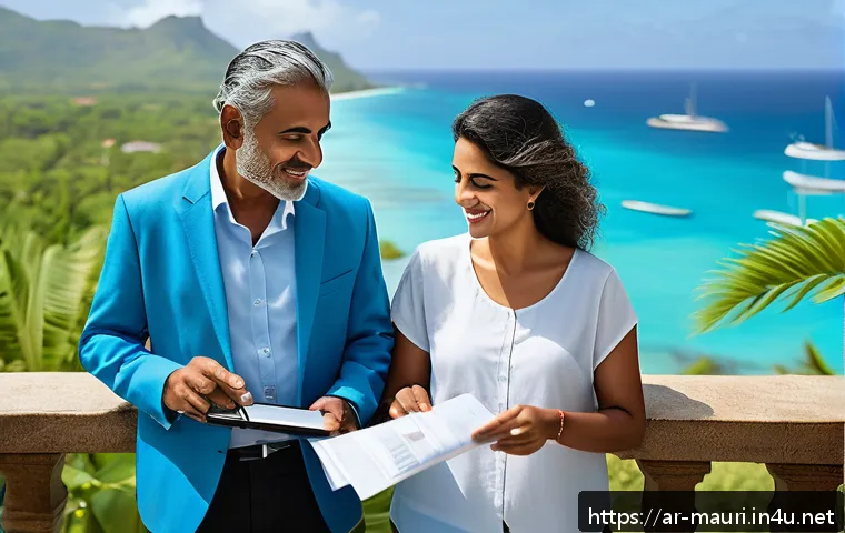 모리셔스 장기 거주 조건 - A vibrant and detailed scene of a middle-aged Arab couple exploring Mauritius for long-term residenc...
