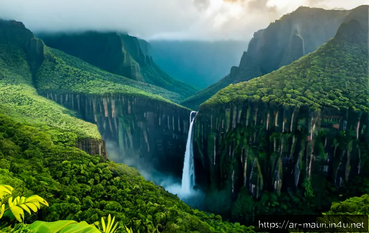 Home 17 모리셔스 흑강 협곡 국립공원 - Photorealistic panoramic view of Black River Gorges National Park in Mauritius, dramatic emerald mou...