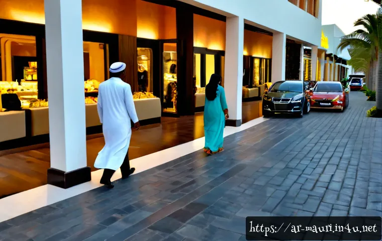 모리셔스 명품 브랜드 매장 - Photorealistic exterior of an upscale luxury shopping district in Mauritius at golden hour, elegant ...