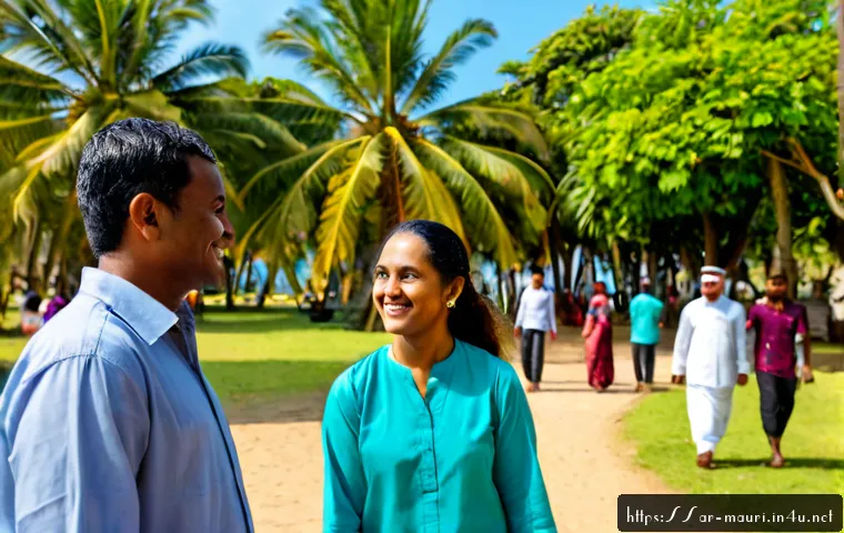 Home 17 모리셔스 인종 구성 - Photorealistic wide-angle scene of a diverse Mauritian community gathering at a sunny seaside public...